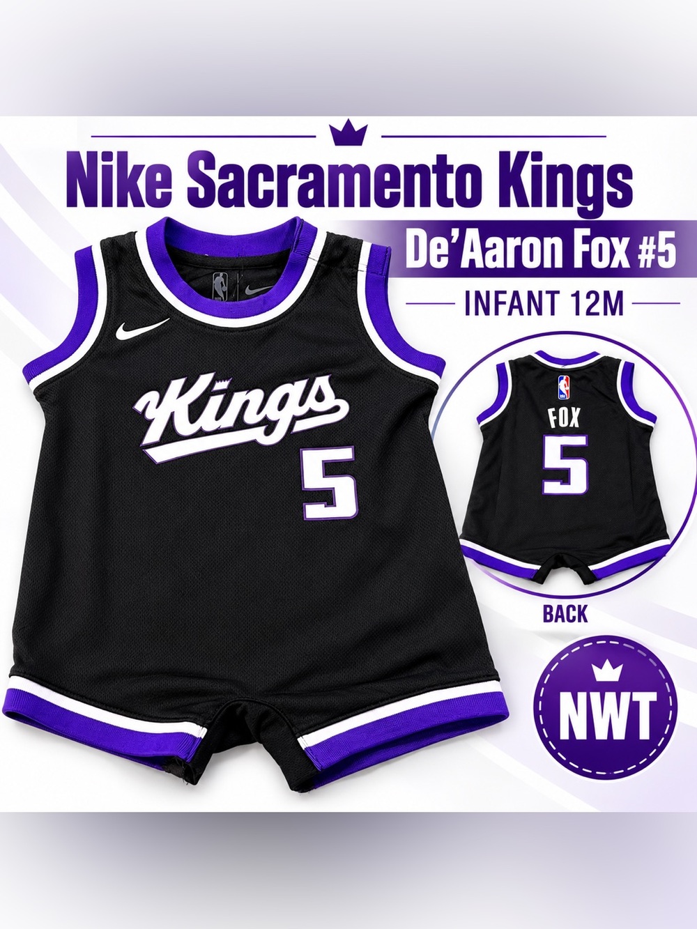 Nike Sacramento Kings NBA De’Aaron Fox #5 Infant Romper Jersey 12M one piece NWT